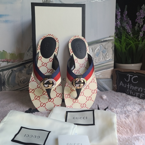 GUCCI Kika Logo-embellished Striped Nylon, Canvas and Leather Sandals,red/white. - Picture 1 of 13